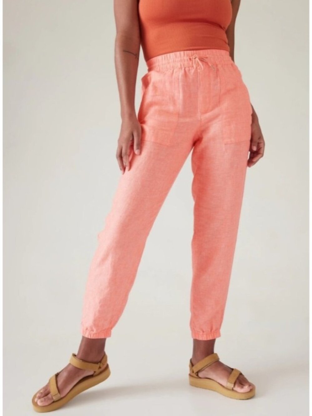 NEW Athleta Retreat Linen Pants Tapered 12 Sunset Glow Pull-On Lightweight Pink